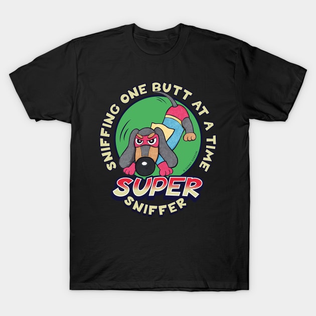 Adorable Super Dachshund Sniffer Cute and Funny T-Shirt by Danny Gordon Art